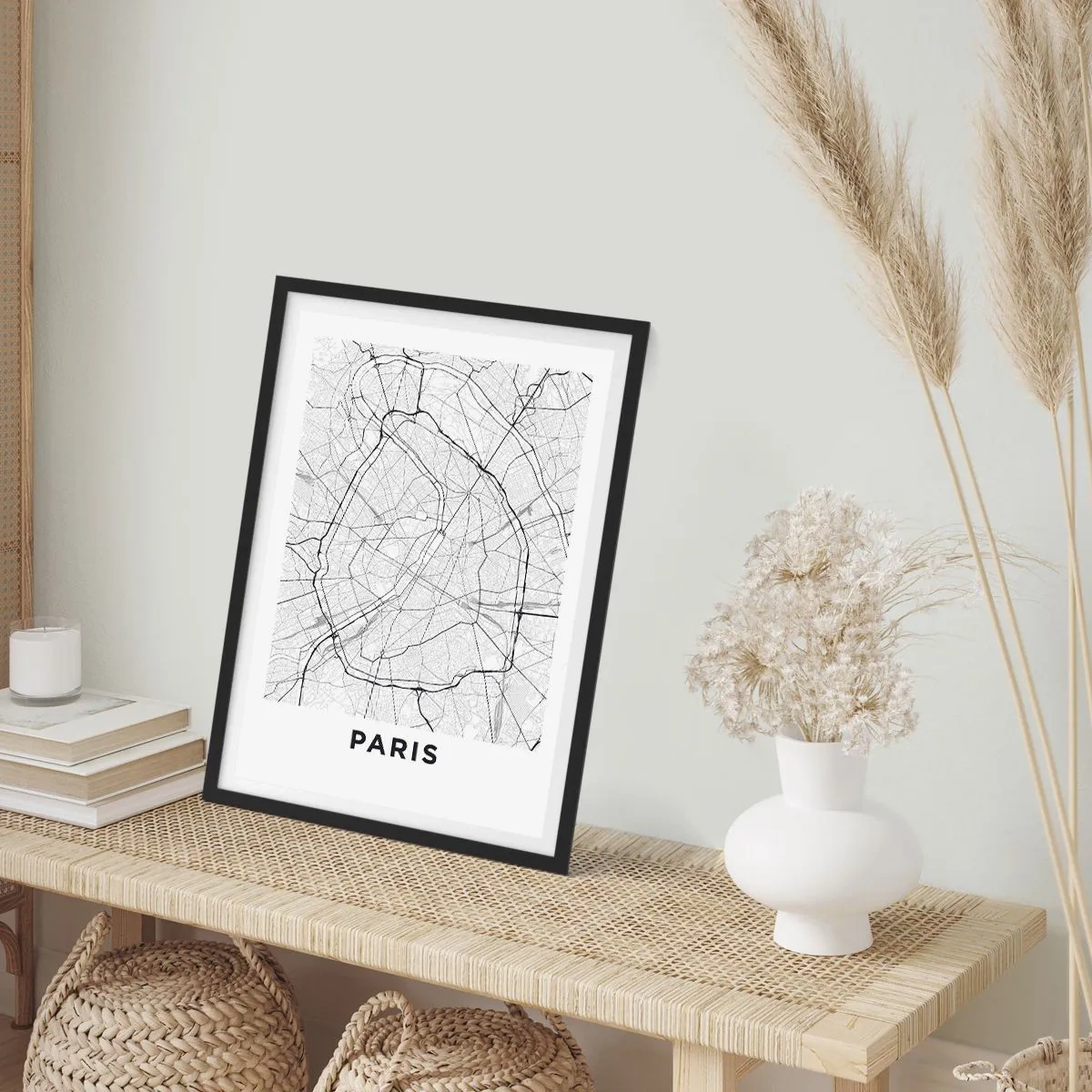 Poster în ramă neagră - hartă a Parisului într-un stil minimalist alb-negru. - 50x70cm - Floarea Parisului - Decorațiune modernă pentru perete pentru living și dormitor ARTTOR