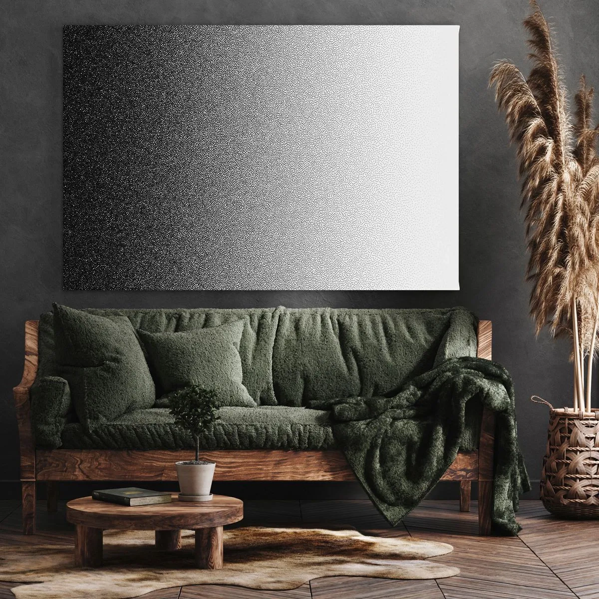 Tablou pe pânză Canvas - Gradient minimalist alb-negru în punct - 70x50cm - Spre lumină - Decorațiune modernă pentru perete pentru living și dormitor ARTTOR