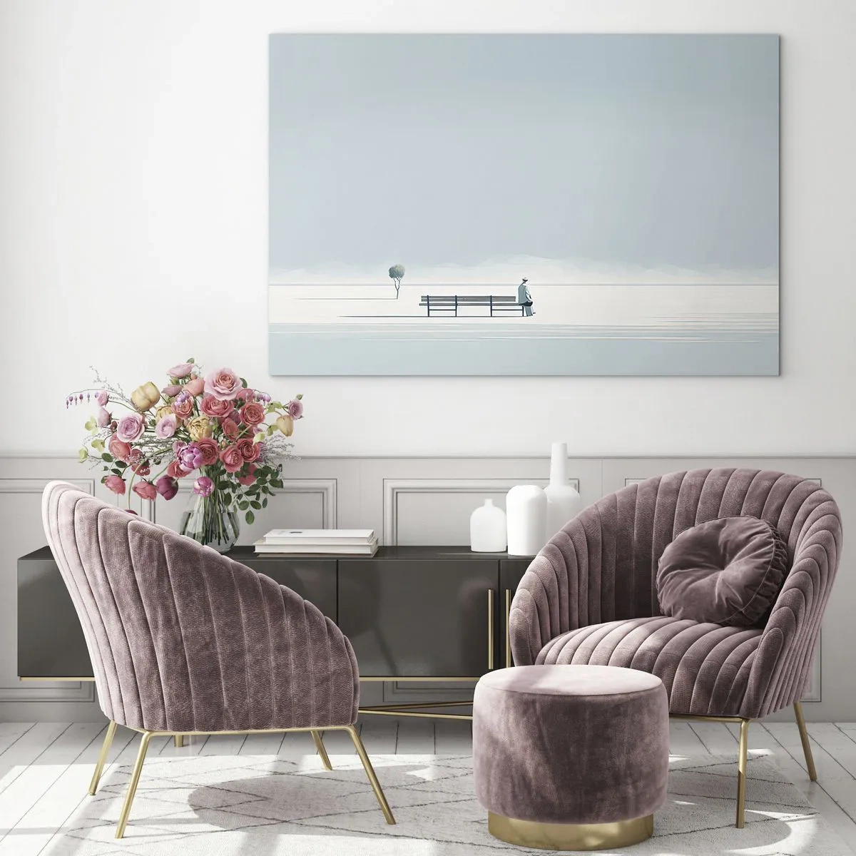 Tablou pe sticlă - O figură la o bancă într-un peisaj minimalist - 70x50cm - Da, aștept. - Decorațiune modernă pentru perete pentru living și dormitor ARTTOR