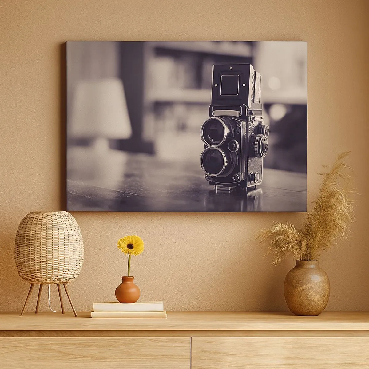 Tablou pe pânză Canvas - Aparat foto antic alb-negru - 70x50cm - Magia fotografiei vechi - Decorațiune modernă pentru perete pentru living și dormitor ARTTOR