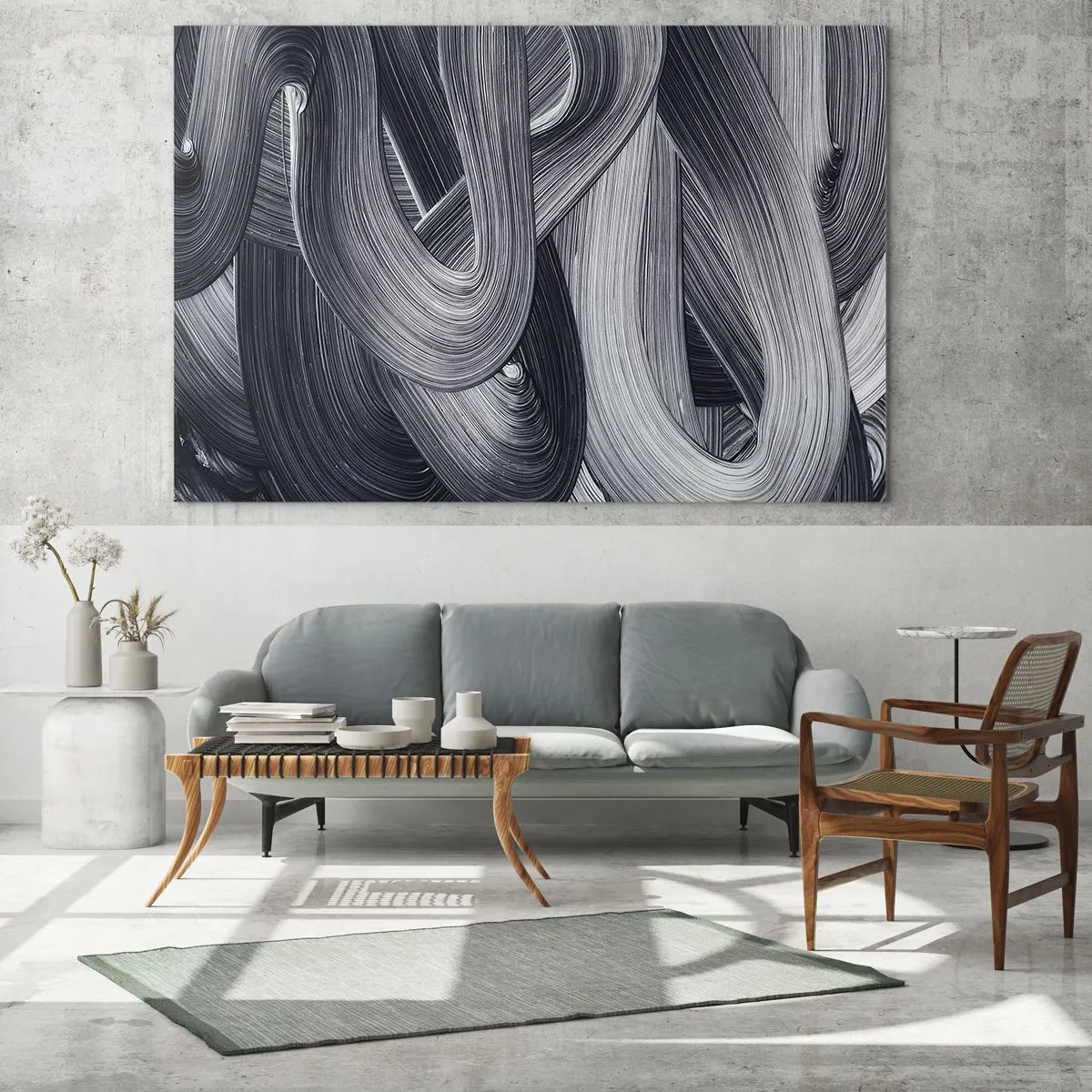 Tablou pe sticlă - Tușe abstracte de pensulă în nuanțe de negru și gri - 70x50cm - Fluiditatea realității - Decorațiune modernă pentru perete pentru living și dormitor ARTTOR