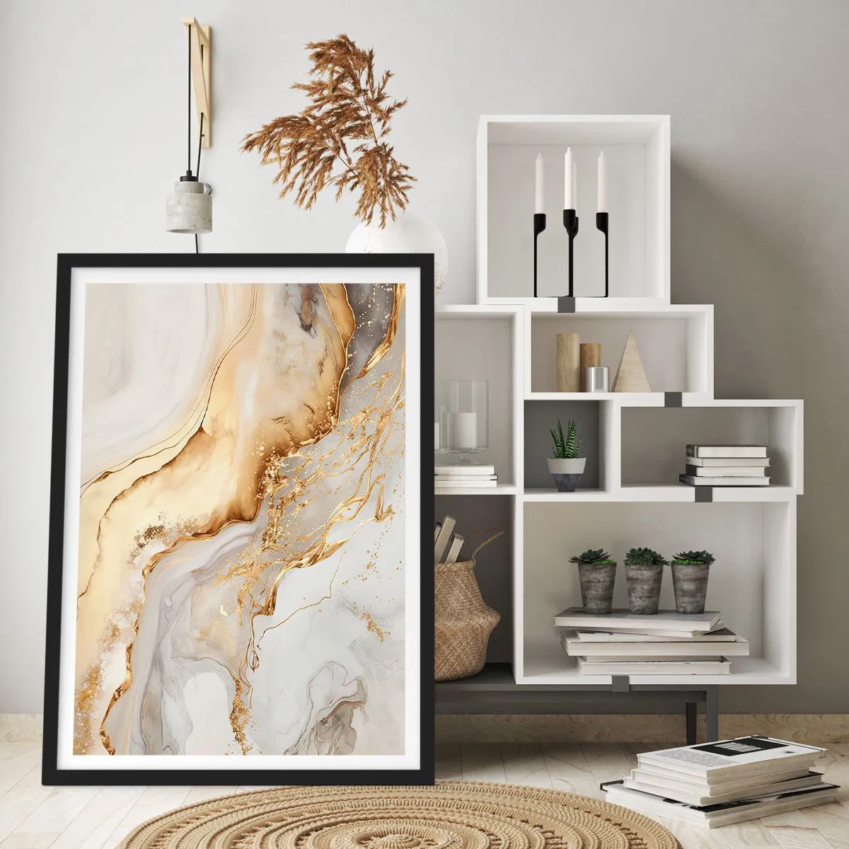 Poster în ramă neagră - Compoziție abstractă din marmură albă și aurie - 50x70cm - Abstracție: frumusețe și bunătate - Decorațiune modernă pentru perete pentru living și dormitor ARTTOR