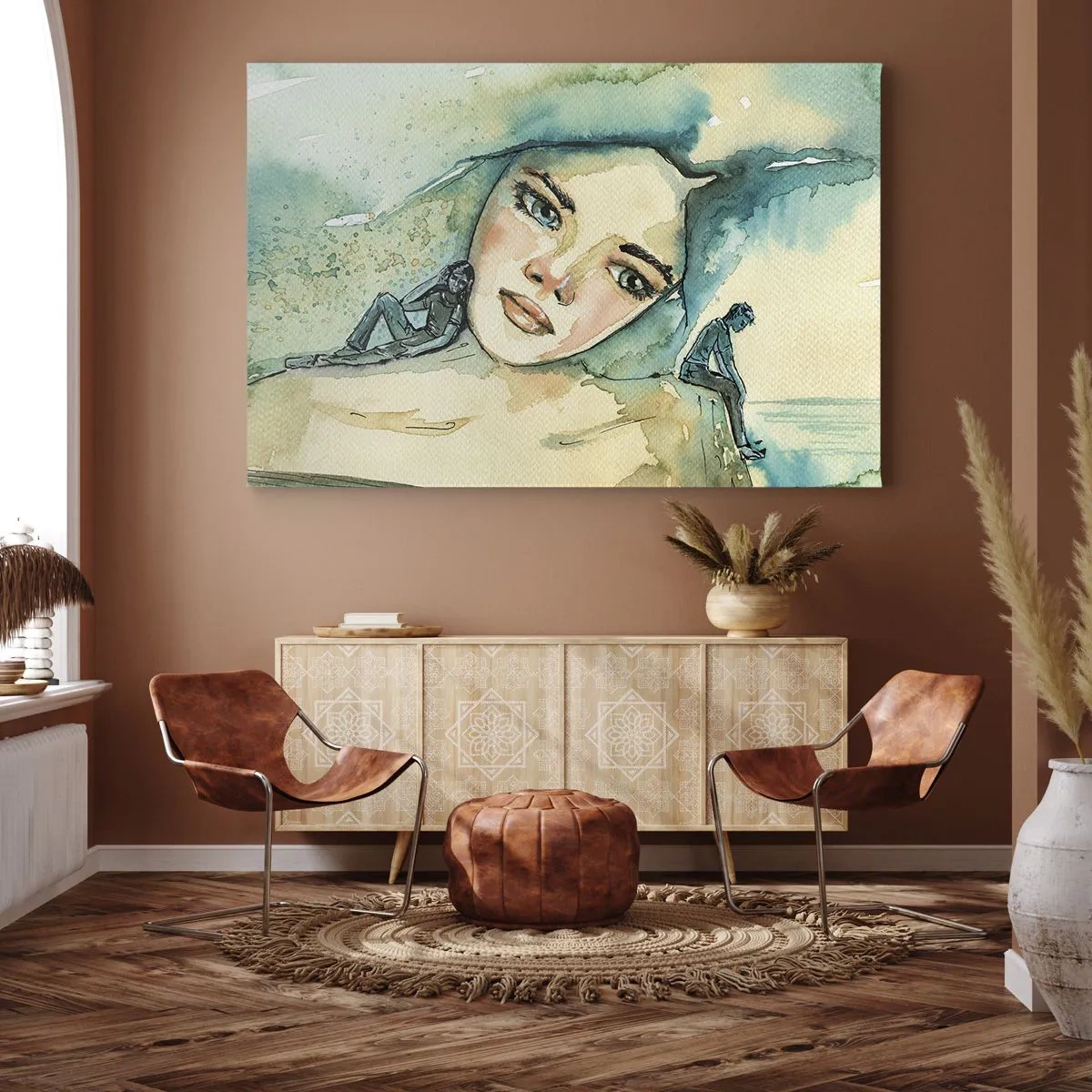Tablou pe pânză Canvas - Acuarelă a feței unei femei cu motiv reflectorizant - 70x50cm - Am I blue? - Decorațiune modernă pentru perete pentru living și dormitor ARTTOR