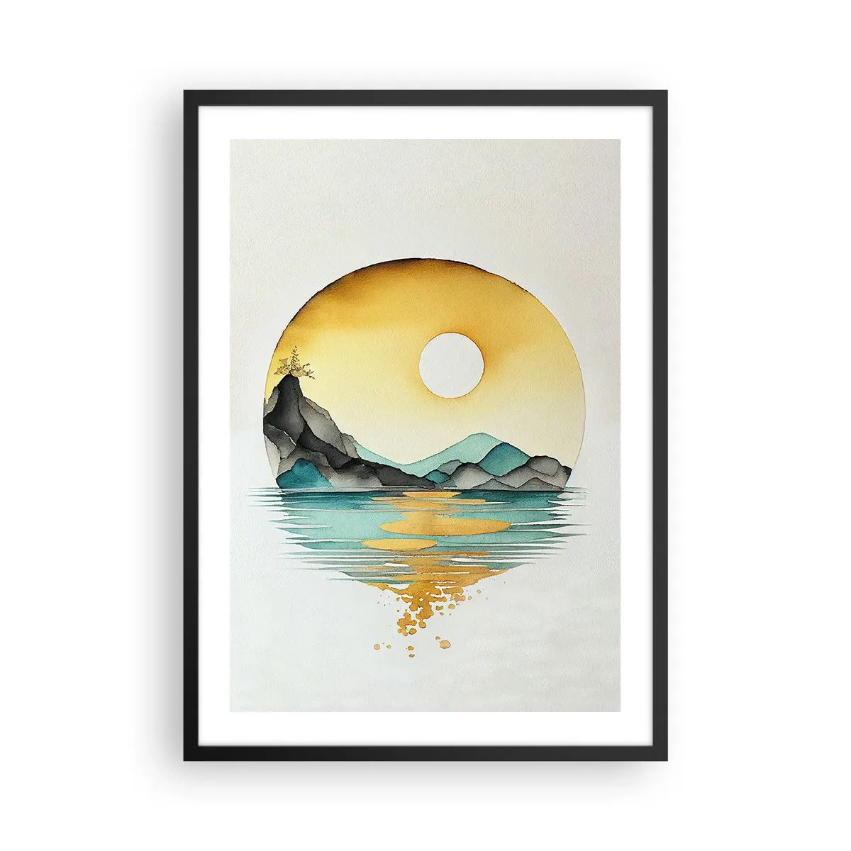 Poster în ramă neagră - Un peisaj minimalist de munți peste apă în culori aurii - 50x70cm - În cercul de frumusețe - Decorațiune modernă pentru perete pentru living și dormitor ARTTOR