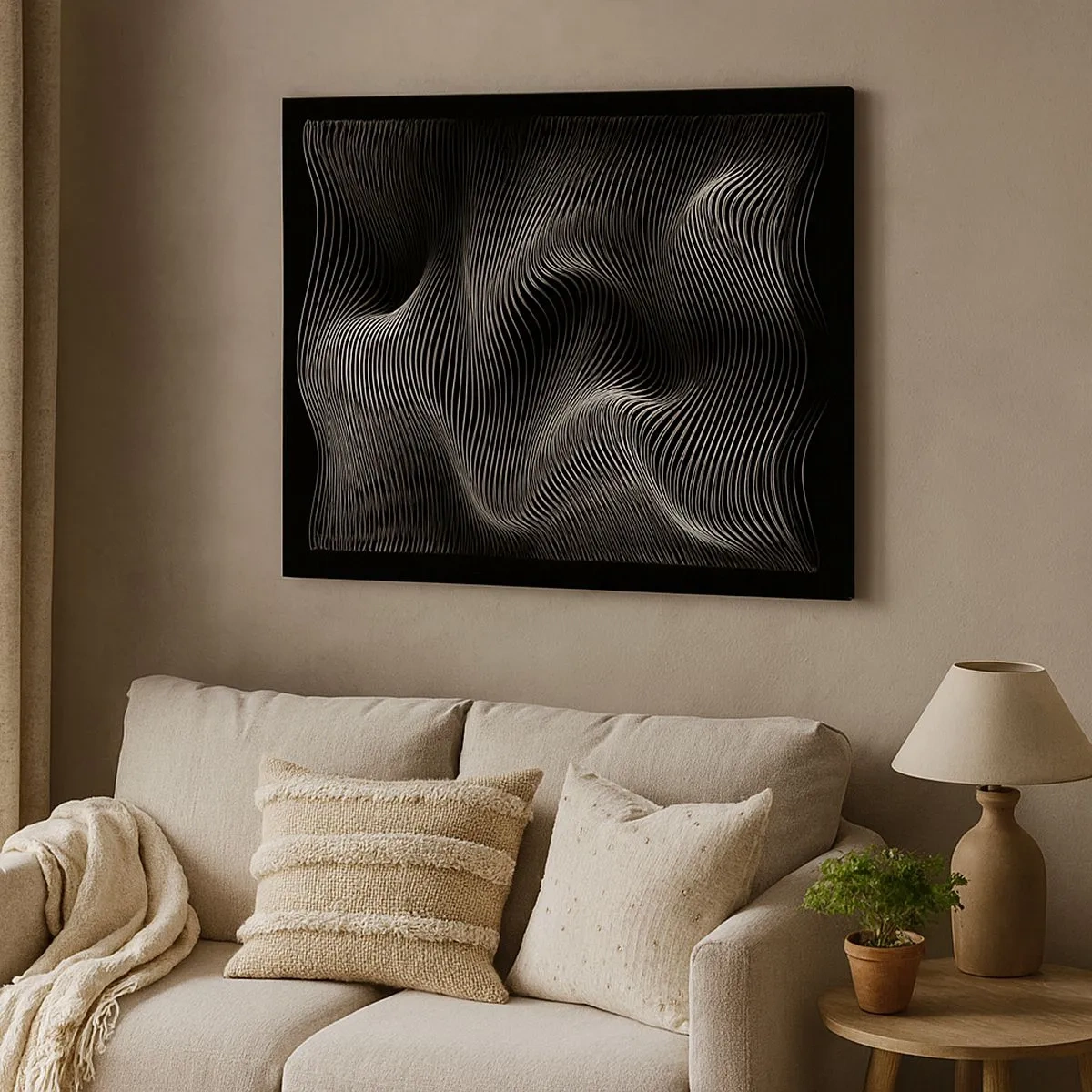 Tablou pe pânză Canvas - Linii albe abstracte pe fundal negru - 70x50cm - Dansul luminii în spațiu - Decorațiune modernă pentru perete pentru living și dormitor ARTTOR