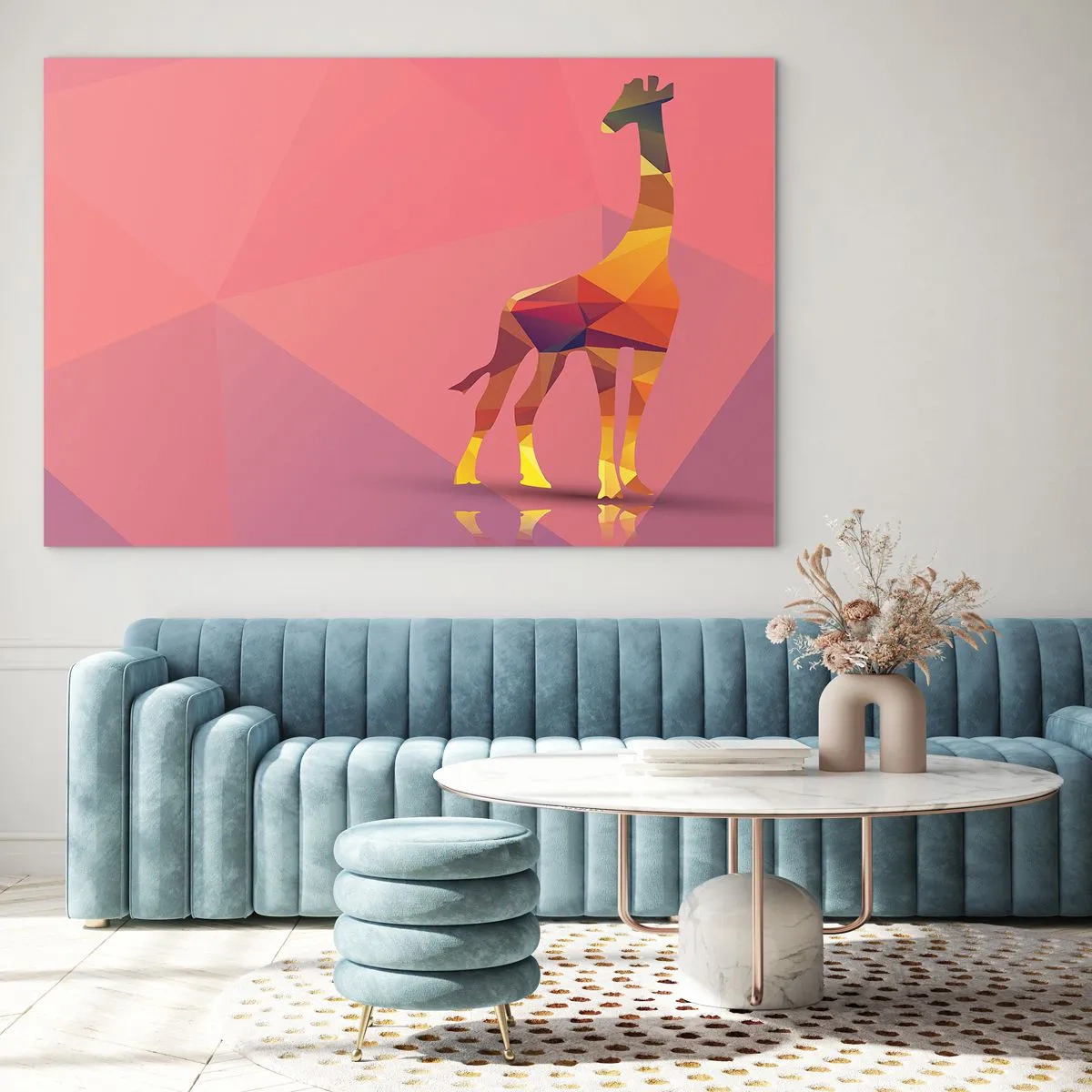 Tablou pe sticlă - Girafă geometrică pe un fundal pastel - 70x50cm - În culorile savanei - Decorațiune modernă pentru perete pentru living și dormitor ARTTOR