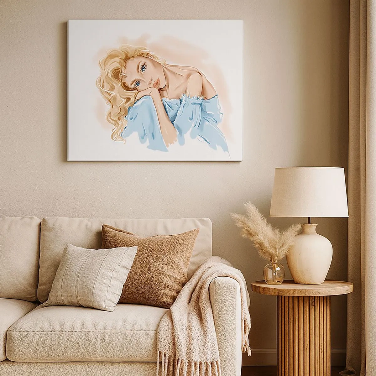 Tablou pe pânză Canvas - Portretul unei femei într-o rochie albastră cu părul blond - 70x50cm - Scufundată în vis albastru - Decorațiune modernă pentru perete pentru living și dormitor ARTTOR
