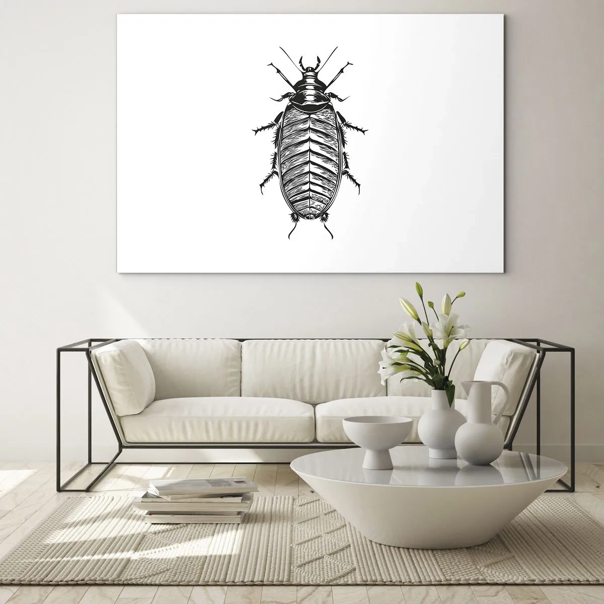 Tablou pe sticlă - Ilustrație alb-negru a unei insecte pe fundal alb - 70x50cm - Ce specimen! - Decorațiune modernă pentru perete pentru living și dormitor ARTTOR