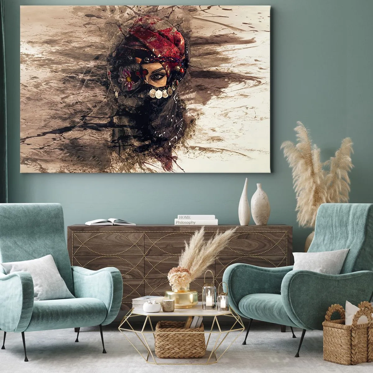 Tablou pe pânză Canvas - Portret artistic al unei femei în ținută orientală pe un fundal abstract. - 70x50cm - Cel puțin îngrijător - Decorațiune modernă pentru perete pentru living și dormitor ARTTOR