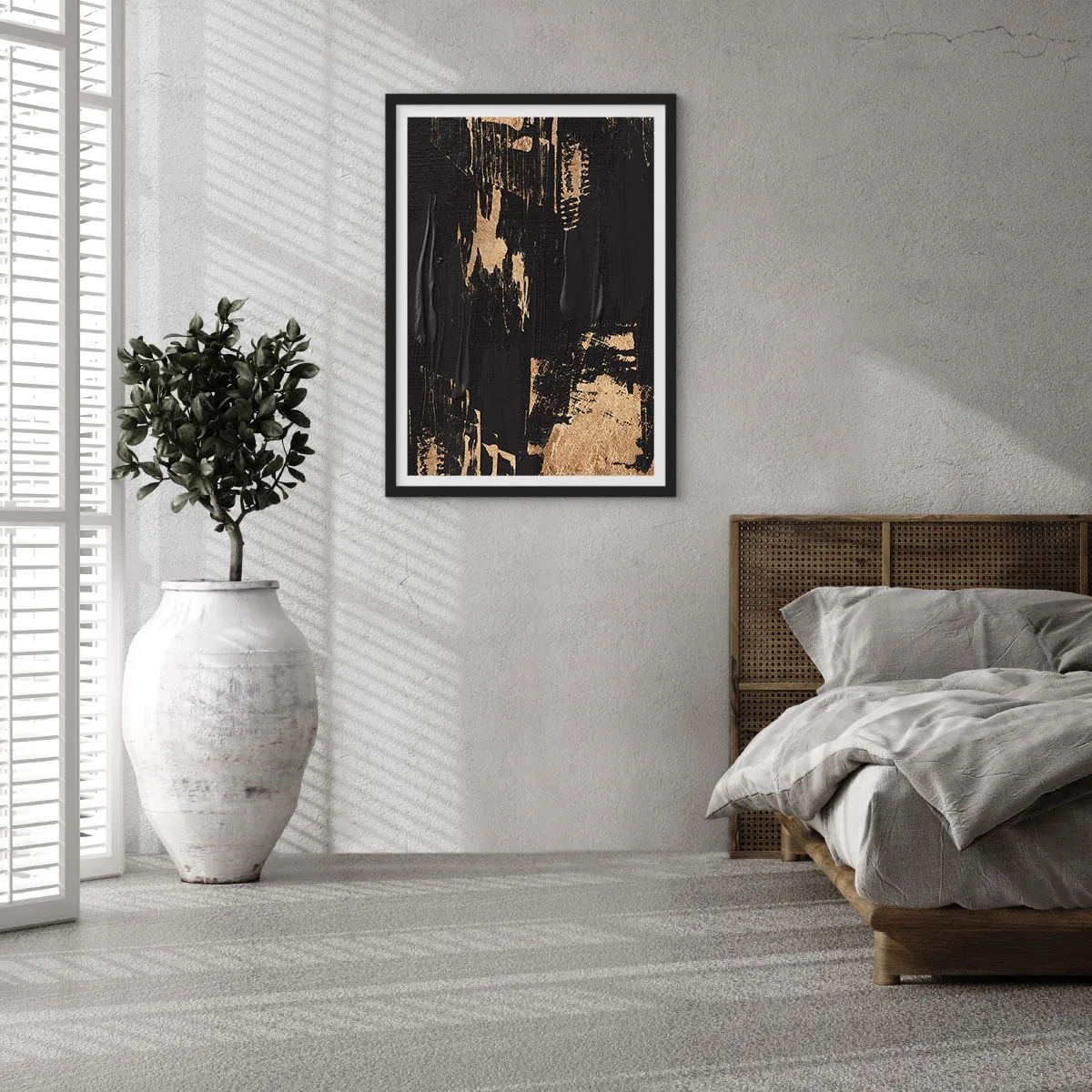 Poster în ramă neagră - Compoziție de pictură abstractă în negru și auriu - 50x70cm - O urmă de atingere - Decorațiune modernă pentru perete pentru living și dormitor ARTTOR
