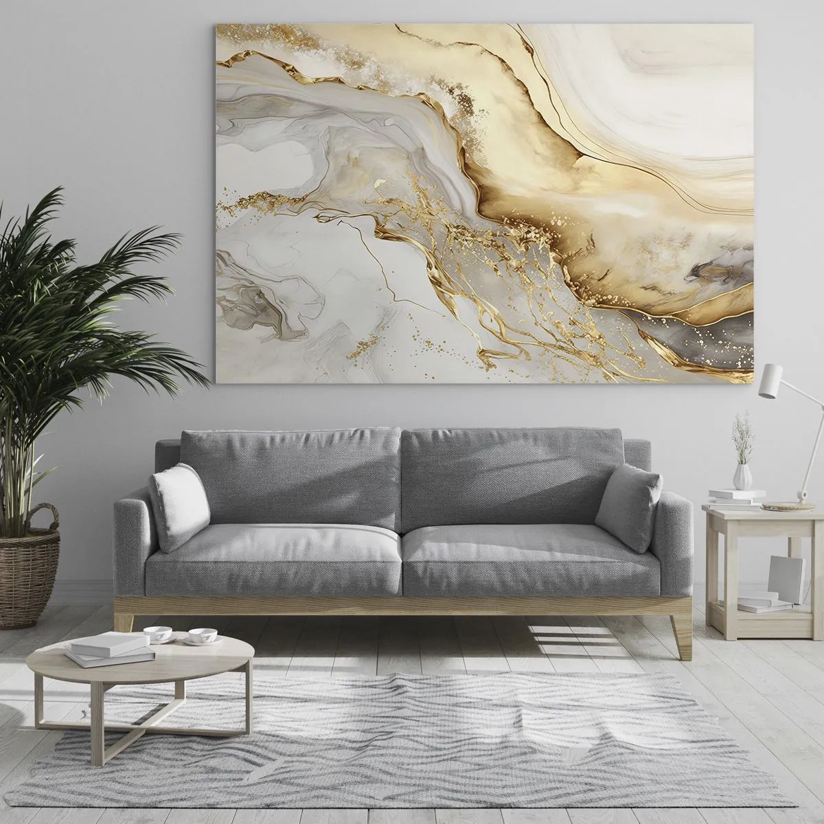 Tablou pe sticlă - Dungi abstracte aurii și bej pe un fundal deschis - 70x50cm - Abstracție: frumusețe și bunătate - Decorațiune modernă pentru perete pentru living și dormitor ARTTOR