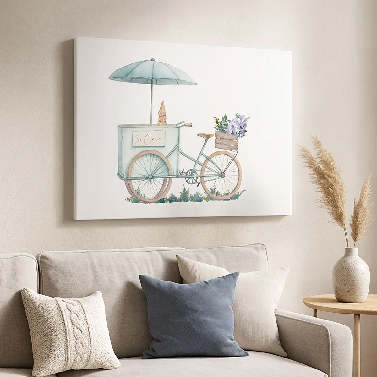 Tablou pe pânză Canvas - O bicicletă cu înghețată și flori sub o umbrelă în culori pastelate delicate - 70x50cm - O dulce amintire de vară - Decorațiune modernă pentru perete pentru living și dormitor ARTTOR