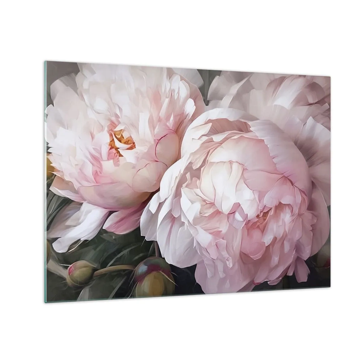Tablou pe sticlă - Bujori delicați într-o nuanță roz deschis în prim-plan - 70x50cm - Oprit din înflorire - Decorațiune modernă pentru perete pentru living și dormitor ARTTOR