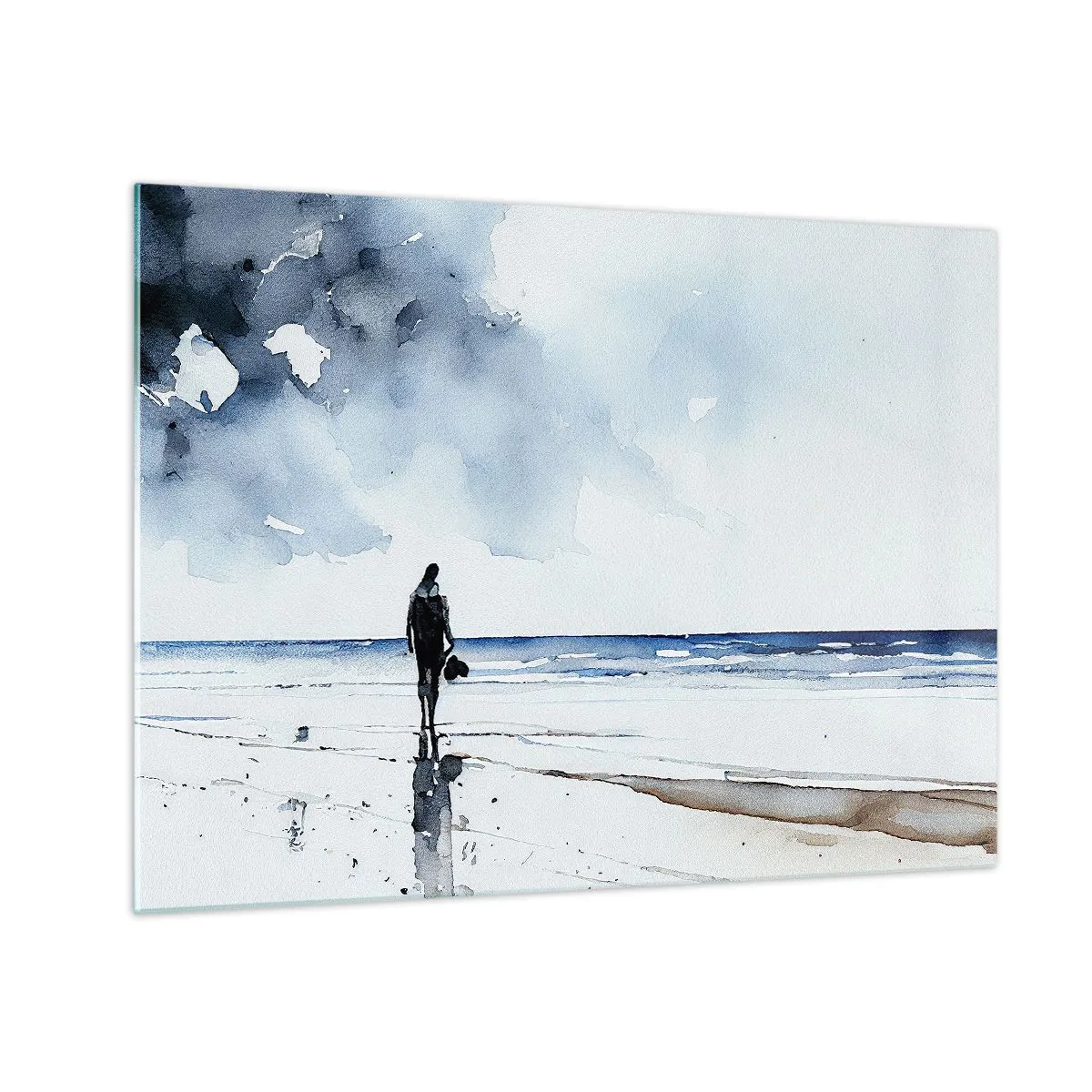 Tablou pe sticlă - Silueta unei persoane pe malul mării în acuarelă delicată - 70x50cm - Vorbind cu marea - Decorațiune modernă pentru perete pentru living și dormitor ARTTOR