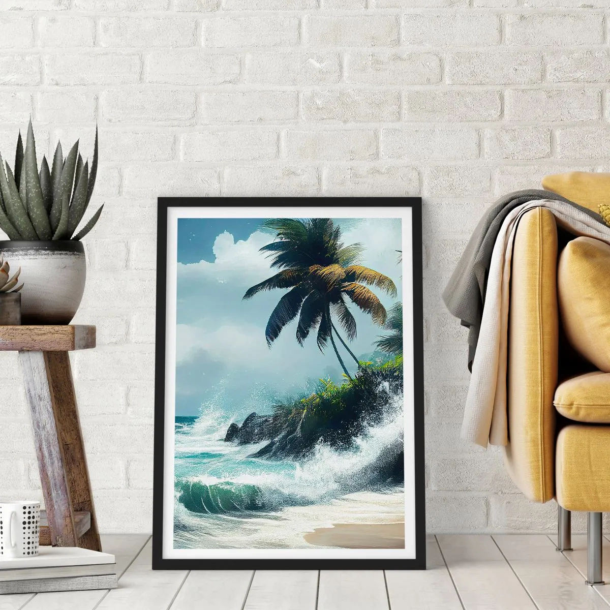 Poster în ramă neagră - Plajă tropicală cu palmieri și un ocean agitat - 50x70cm - Pe un țărm tropical - Decorațiune modernă pentru perete pentru living și dormitor ARTTOR