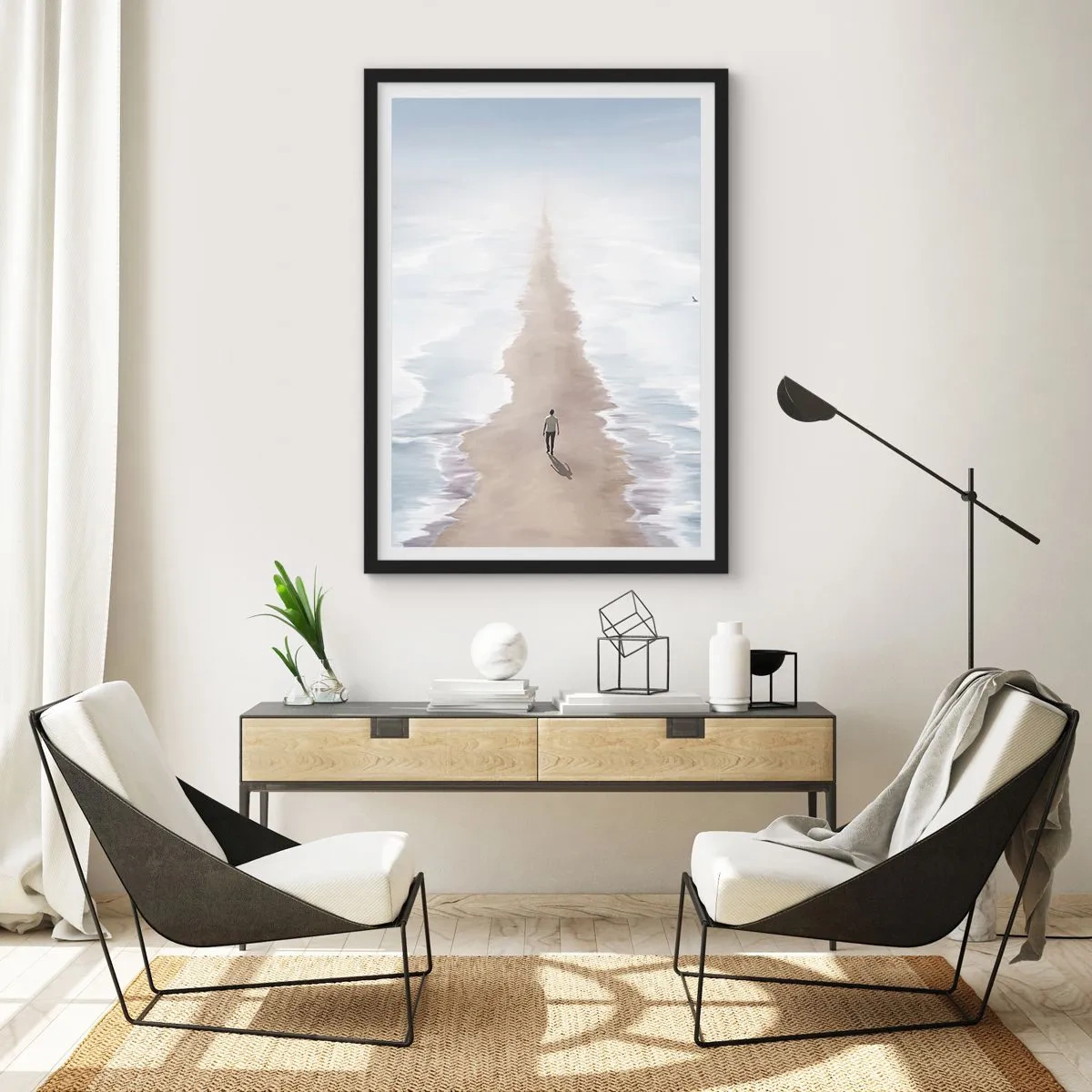 Poster în ramă neagră - O siluetă merge singură pe o cărare printre ape calme. - 50x70cm - Un viitor luminos - Decorațiune modernă pentru perete pentru living și dormitor ARTTOR