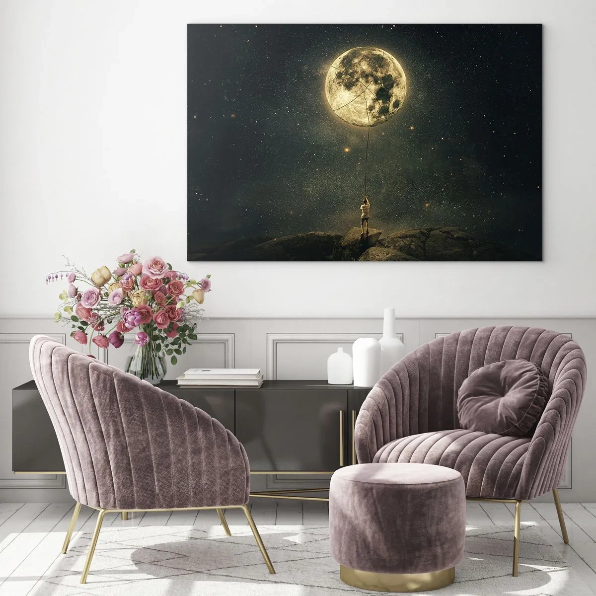 Tablou pe sticlă - O figură pe o stâncă ținând luna, care este prinsă într-o frânghie. - 70x50cm - Cel care a furat Luna - Decorațiune modernă pentru perete pentru living și dormitor ARTTOR