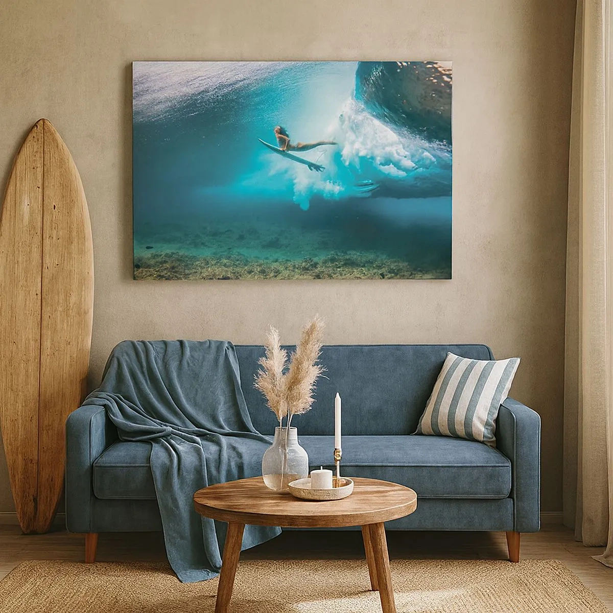 Tablou pe pânză Canvas - Surfer sub un val în apa albastră a oceanului - 70x50cm - Lumea subacvatică - Decorațiune modernă pentru perete pentru living și dormitor ARTTOR
