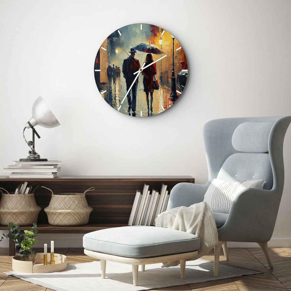 Ceas de perete - Ceas pe sticlă - Un cuplu sub o umbrelă într-un cadru urban pictat cu un cuțit de paletă - 30x30cm - Poveste de dragoste urbană - Decorațiune modernă pentru perete pentru living, bucătărie și dormitor ARTTOR