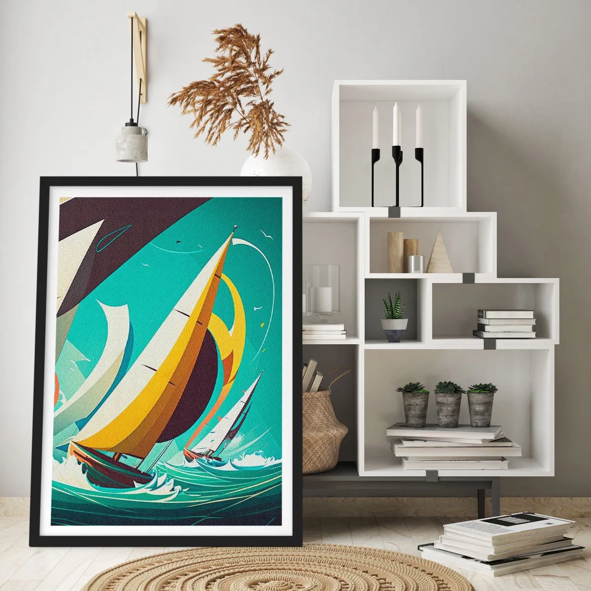 Poster în ramă neagră - Regata abstractă de navigație pe o mare furtunoasă - 50x70cm - Voinici și învingători - Decorațiune modernă pentru perete pentru living și dormitor ARTTOR
