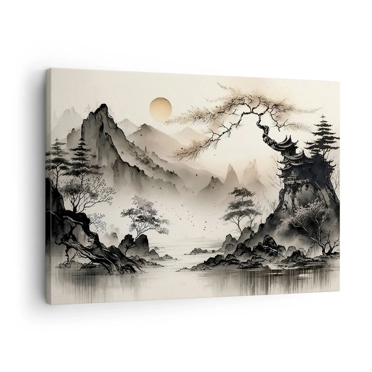 Tablou pe pânză Canvas - Un peisaj oriental cu munți și o pagodă în nuanțe delicate. - 70x50cm - Farmecul unic al Orientului - Decorațiune modernă pentru perete pentru living și dormitor ARTTOR