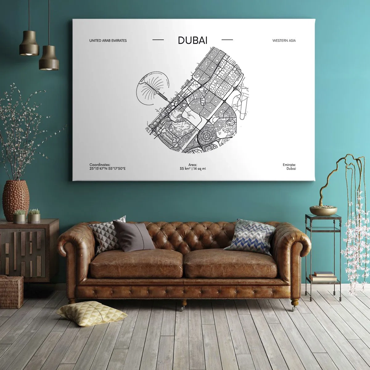 Tablou pe pânză Canvas - O hartă minimalistă alb-negru a Dubaiului, cu marcaje de locație. - 70x50cm - Anatomia Dubaiului - Decorațiune modernă pentru perete pentru living și dormitor ARTTOR