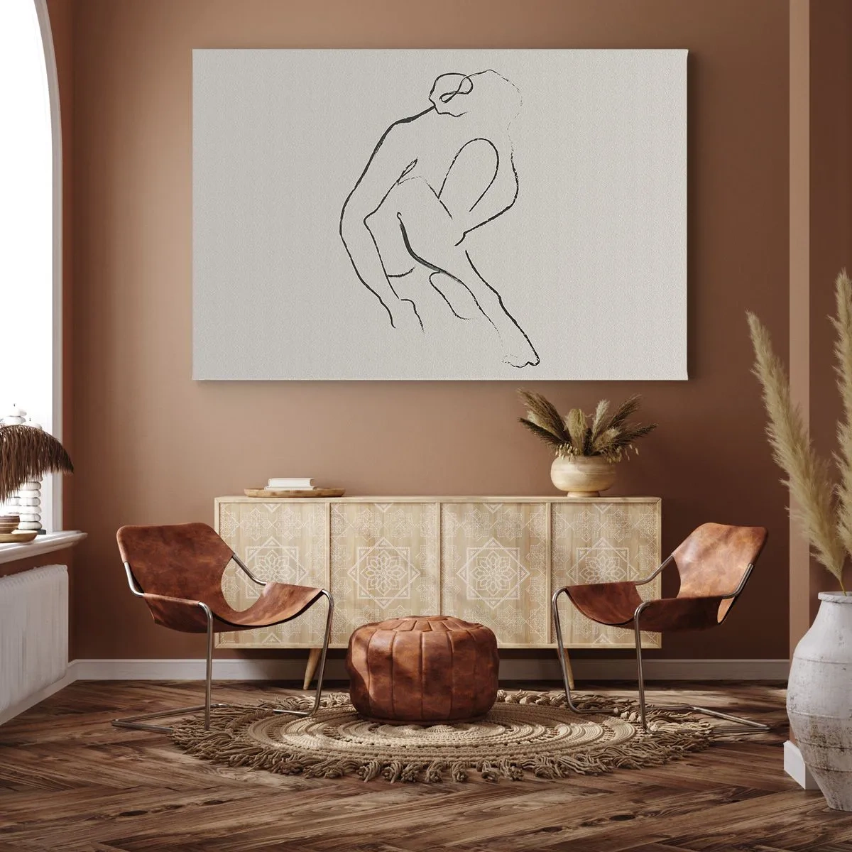 Tablou pe pânză Canvas - O siluetă minimalistă în negru pe un fundal deschis - 70x50cm - Schiță intimă - Decorațiune modernă pentru perete pentru living și dormitor ARTTOR