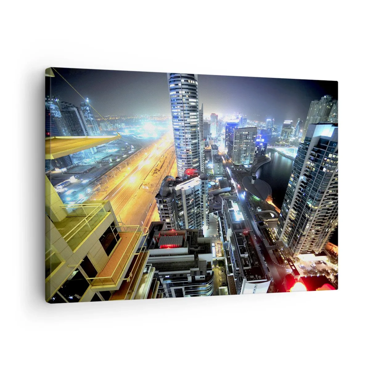 Tablou pe pânză Canvas - Panoramă a orașului nocturn cu zgârie-nori iluminați - 70x50cm - Un miracol în deșert - Decorațiune modernă pentru perete pentru living și dormitor ARTTOR