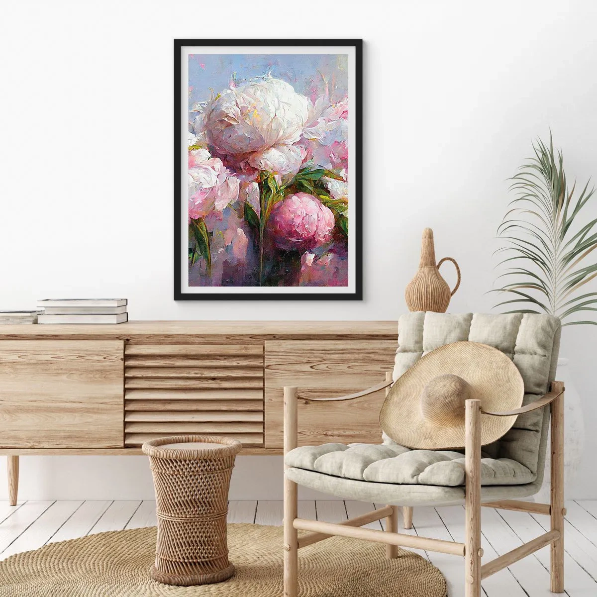 Poster în ramă neagră - Bujori într-o compoziție romantică, picturală - 50x70cm - Un buchet plin de viață - Decorațiune modernă pentru perete pentru living și dormitor ARTTOR