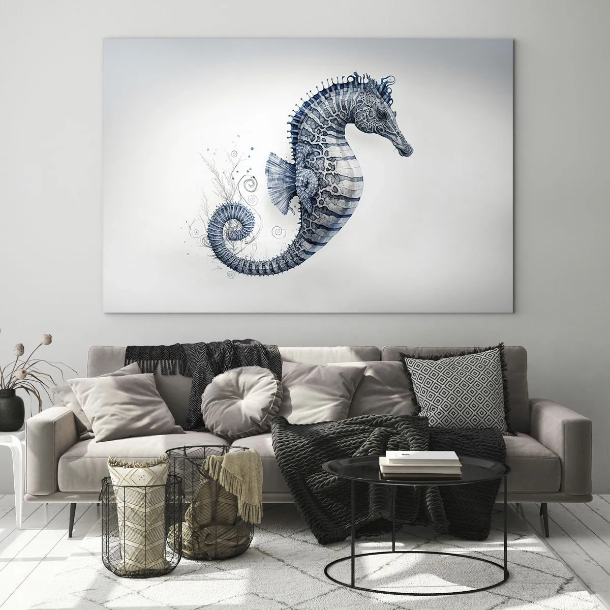 Tablou pe sticlă - Căluț de mare albastru pe fundal deschis într-un stil de desen - 70x50cm - O glumă inocentă a naturii - Decorațiune modernă pentru perete pentru living și dormitor ARTTOR
