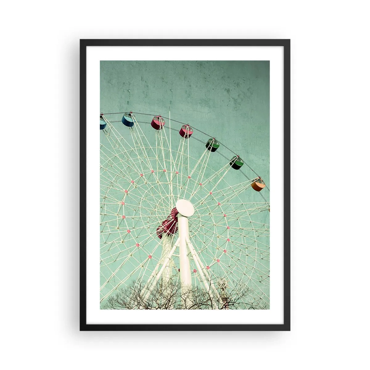 Poster în ramă neagră - O roată Ferris retro pe un cer de culoare verde-mentă - 50x70cm - Poftim la joacă - Decorațiune modernă pentru perete pentru living și dormitor ARTTOR