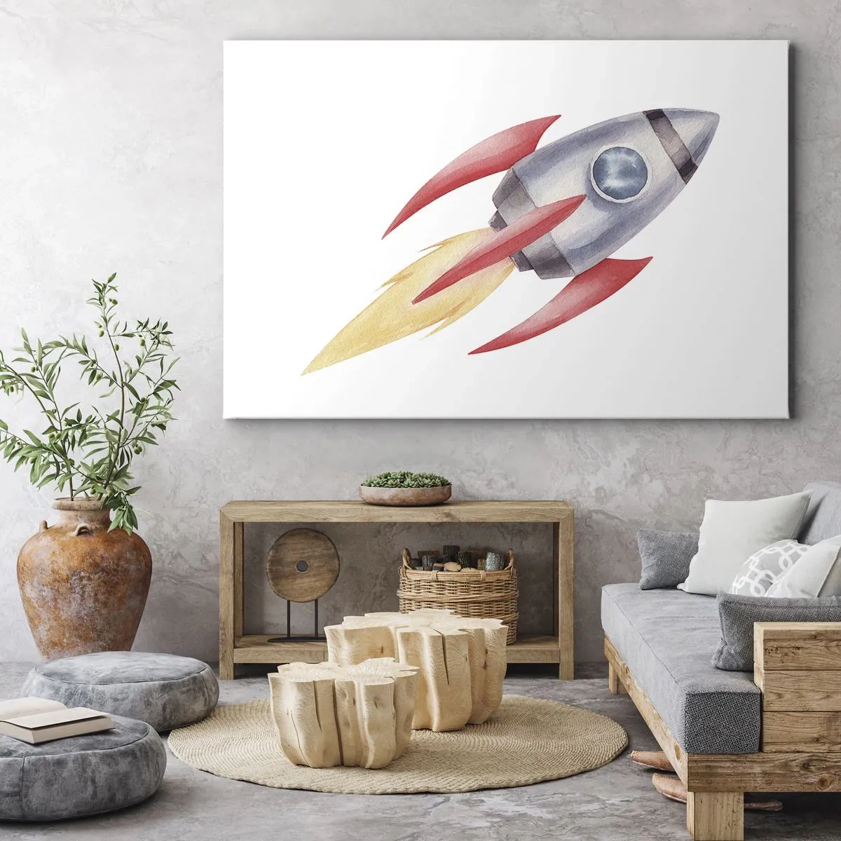 Tablou pe pânză Canvas - Rachetă în stil acuarelă pe fundal alb - 70x50cm - Mai sus, mai repede, mai departe - Decorațiune modernă pentru perete pentru living și dormitor ARTTOR