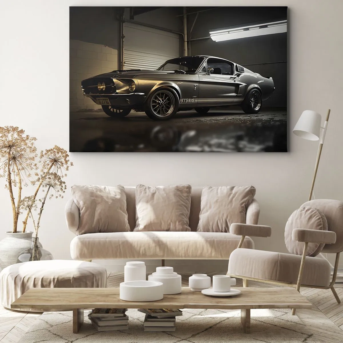 Tablou pe pânză Canvas - Mașină clasică în garaj retro - 70x50cm - Înapoi în trecut - Decorațiune modernă pentru perete pentru living și dormitor ARTTOR
