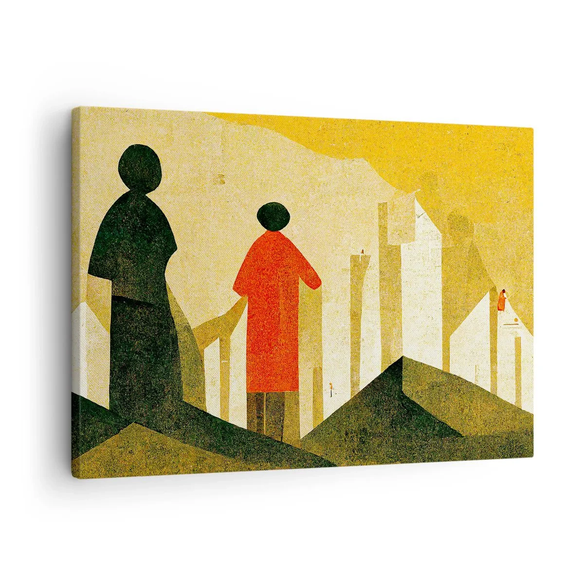 Tablou pe pânză Canvas - Siluete geometrice în roșu și verde pe un fundal galben - 70x50cm - Încă un drum lung de parcurs - Decorațiune modernă pentru perete pentru living și dormitor ARTTOR