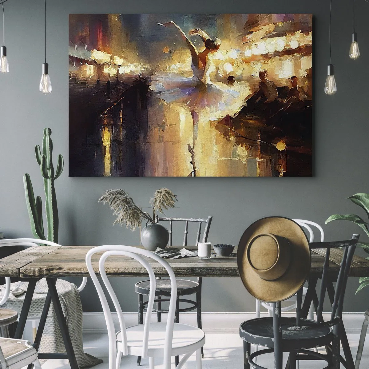 Tablou pe pânză Canvas - O balerină dansând în fața unei scene luminate - 70x50cm - Un miracol în stradă - Decorațiune modernă pentru perete pentru living și dormitor ARTTOR