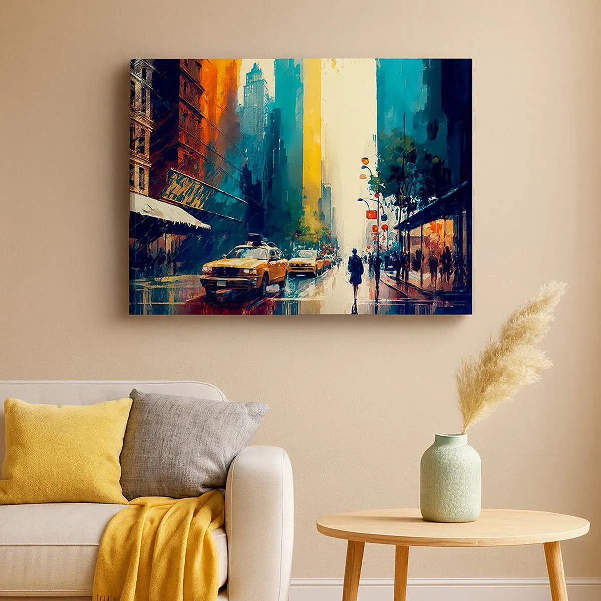Tablou pe pânză Canvas - Un oraș aglomerat cu taxiuri și trecători - 70x50cm - New York - aici și ploaia este colorată - Decorațiune modernă pentru perete pentru living și dormitor ARTTOR
