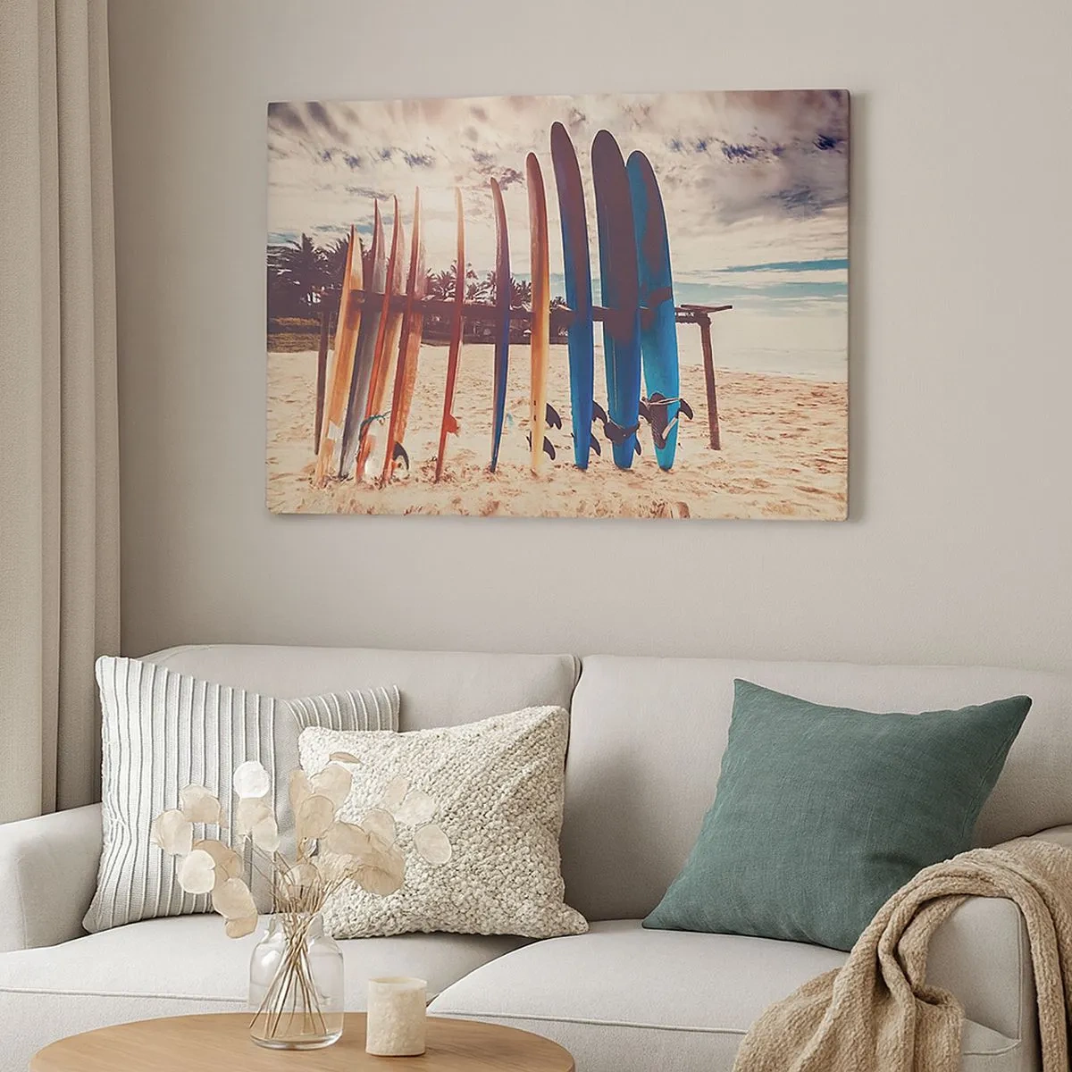 Tablou pe pânză Canvas - Plăci de surf pe plajă la apus - 70x50cm - Noapte bună, până mâine - Decorațiune modernă pentru perete pentru living și dormitor ARTTOR
