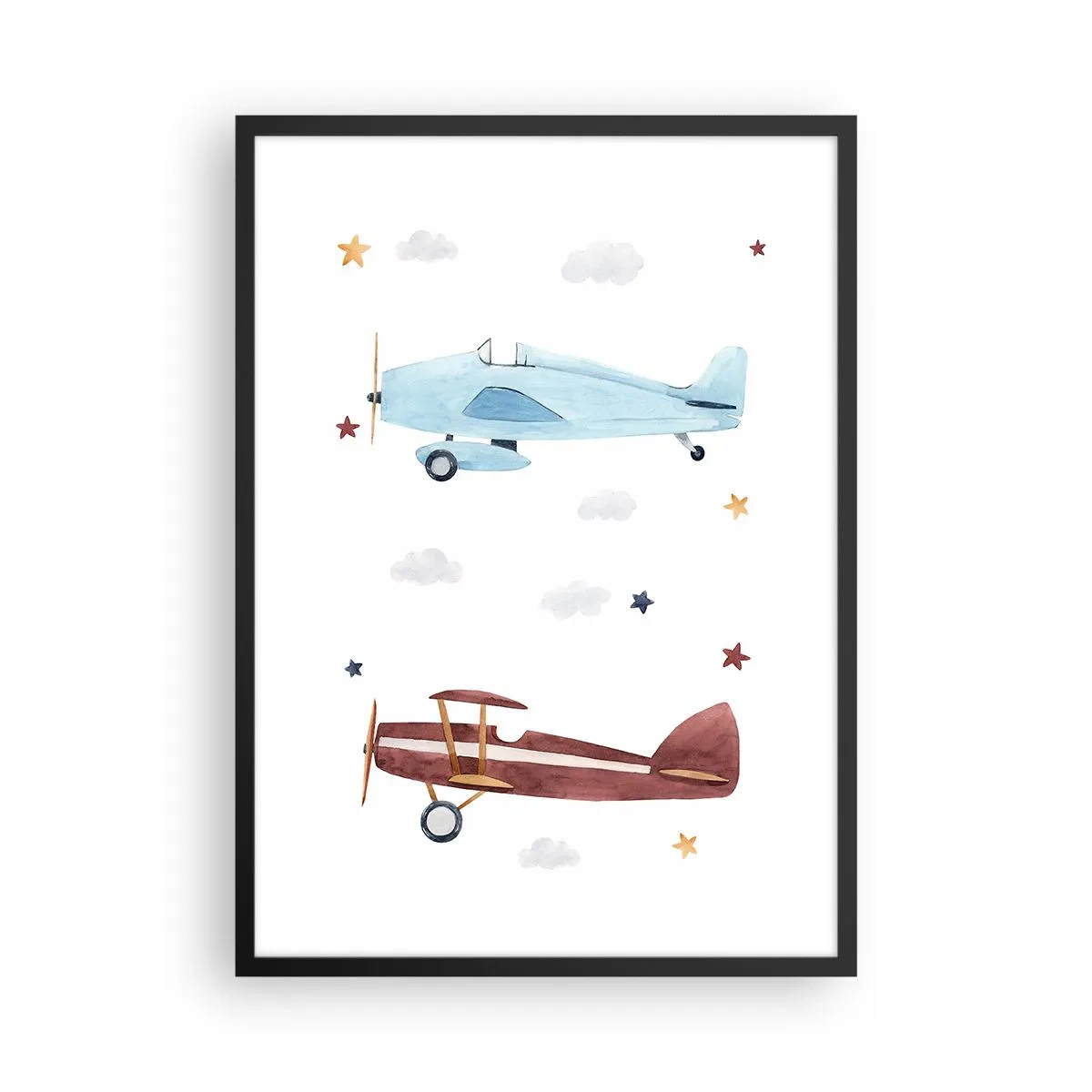 Poster în ramă neagră - Ilustrații în acuarelă cu două avioane plutind printre nori și stele. - 50x70cm - Domnule Pilot, vă așteptăm! - Decorațiune modernă pentru perete pentru living și dormitor ARTTOR