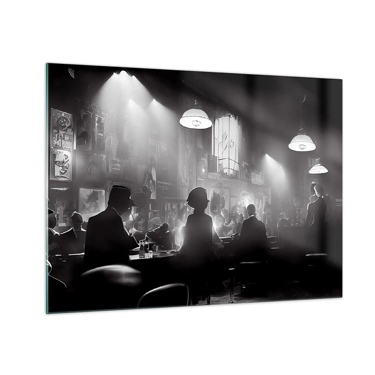 Tablou pe sticlă - Scenă de jazz alb-negru în interiorul unui club - 70x50cm - În stil jazz - Decorațiune modernă pentru perete pentru living și dormitor ARTTOR