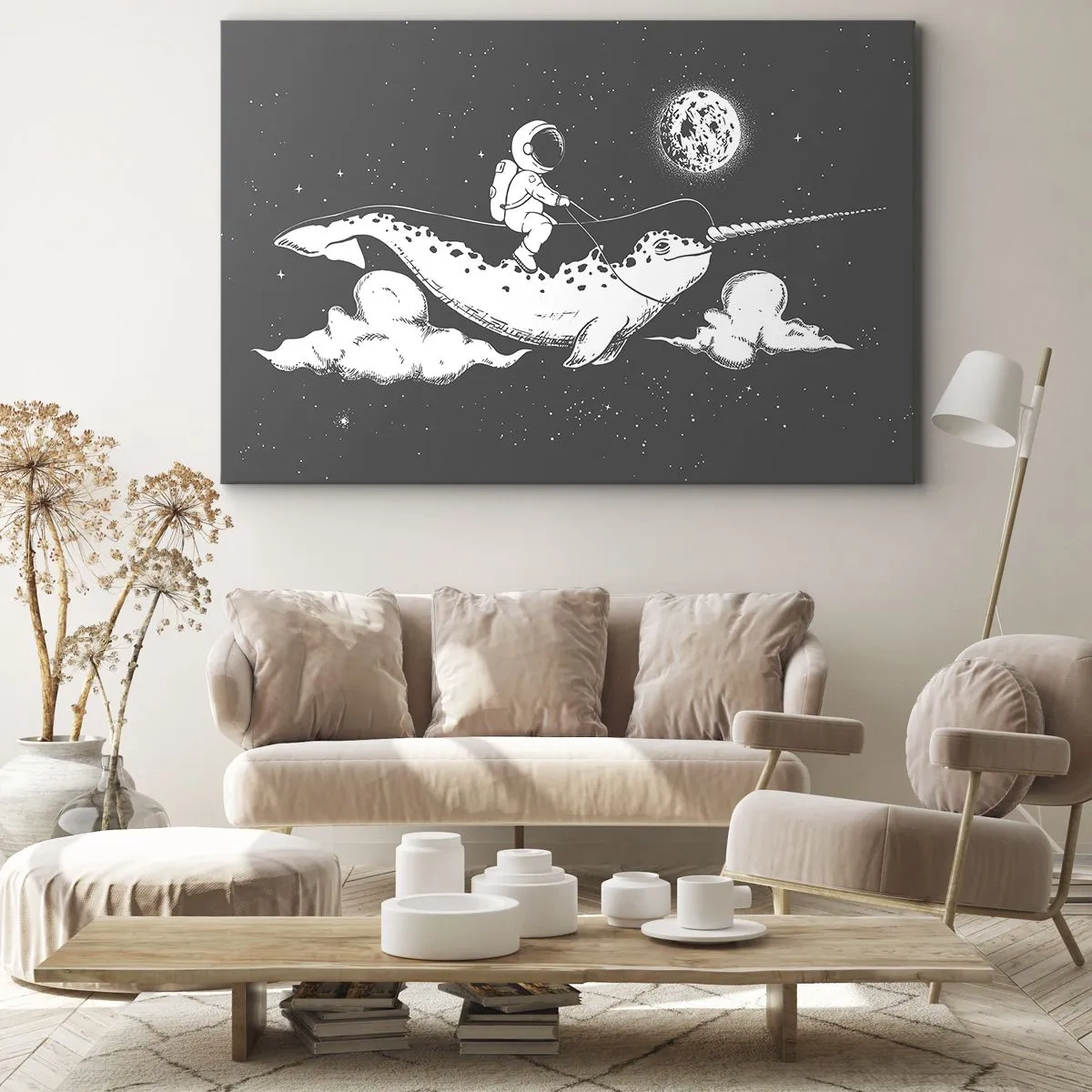 Tablou pe pânză Canvas - Un astronaut pe spatele unui narval plutind într-o scenă spațială. - 70x50cm - Cavalerul Spațial - Decorațiune modernă pentru perete pentru living și dormitor ARTTOR