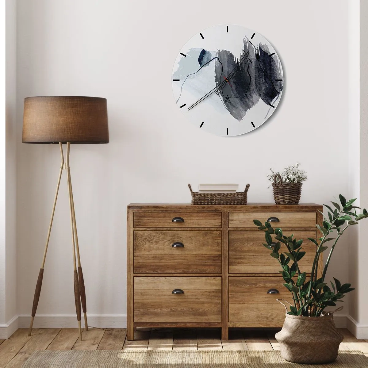 Ceas de perete - Ceas pe sticlă - Pete de acuarelă albastru închis pe un fundal deschis - 30x30cm - Intensitate și mișcare - Decorațiune modernă pentru perete pentru living, bucătărie și dormitor ARTTOR