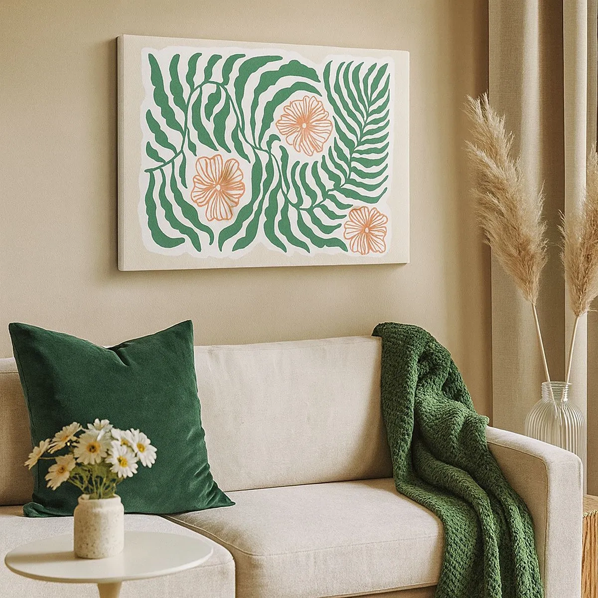 Tablou pe pânză Canvas - Un motiv minimalist de frunze verzi cu flori în nuanțe de portocaliu. - 70x50cm - Înflorite în verde - Decorațiune modernă pentru perete pentru living și dormitor ARTTOR