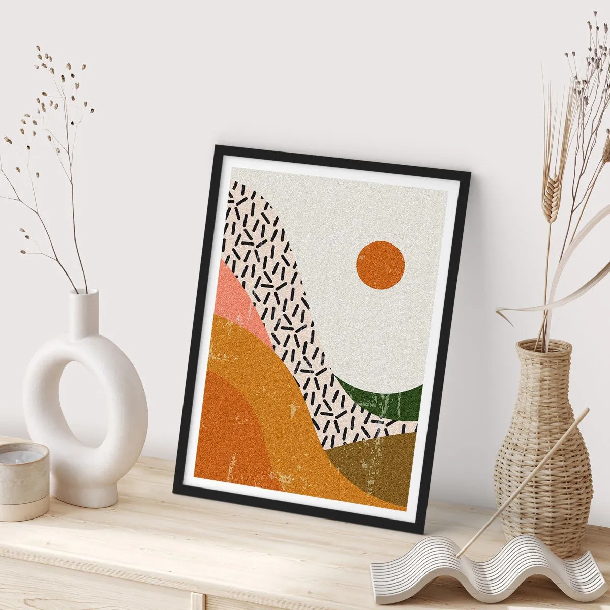 Poster în ramă neagră - Peisaj abstract în culori calde - 50x70cm - Abstracție solară - Decorațiune modernă pentru perete pentru living și dormitor ARTTOR