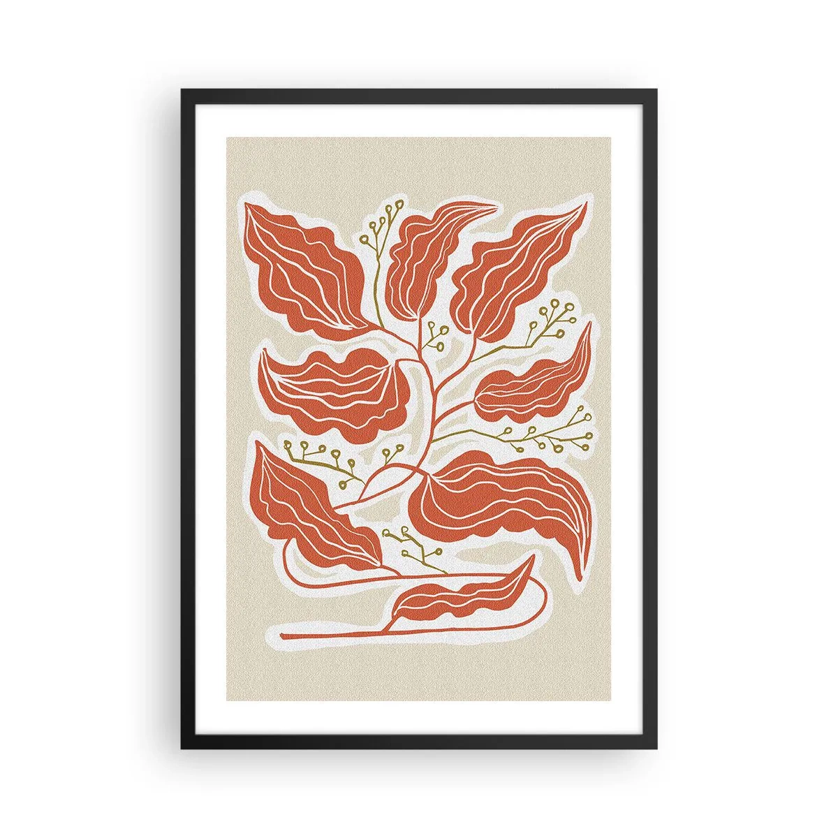 Poster în ramă neagră - O compoziție abstractă de frunze în nuanțe de portocaliu și bej. - 50x70cm - Folk și coral - Decorațiune modernă pentru perete pentru living și dormitor ARTTOR
