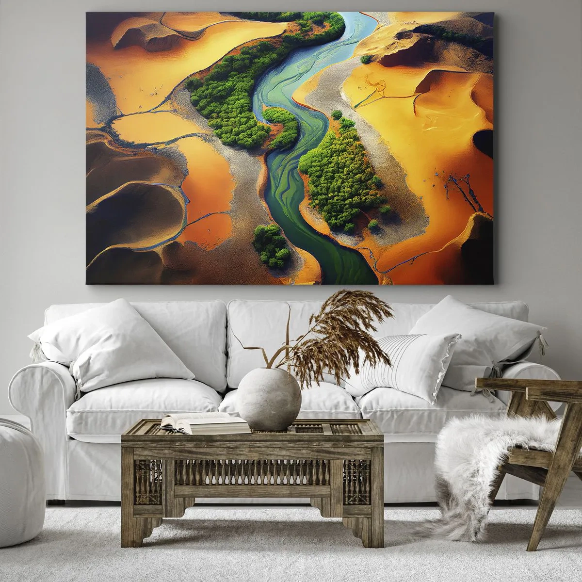 Tablou pe pânză Canvas - Un râu verde înconjurat de nisipuri aurii și vegetație - 70x50cm - Râul care dă viață - Decorațiune modernă pentru perete pentru living și dormitor ARTTOR