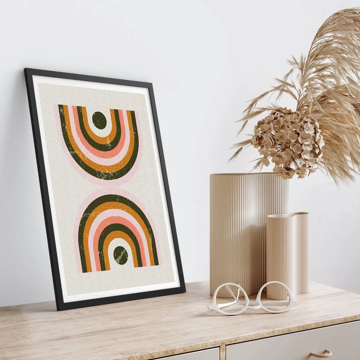 Poster în ramă neagră - Compoziție geometrică în stil retro - 50x70cm - Abstracție dublă - Decorațiune modernă pentru perete pentru living și dormitor ARTTOR