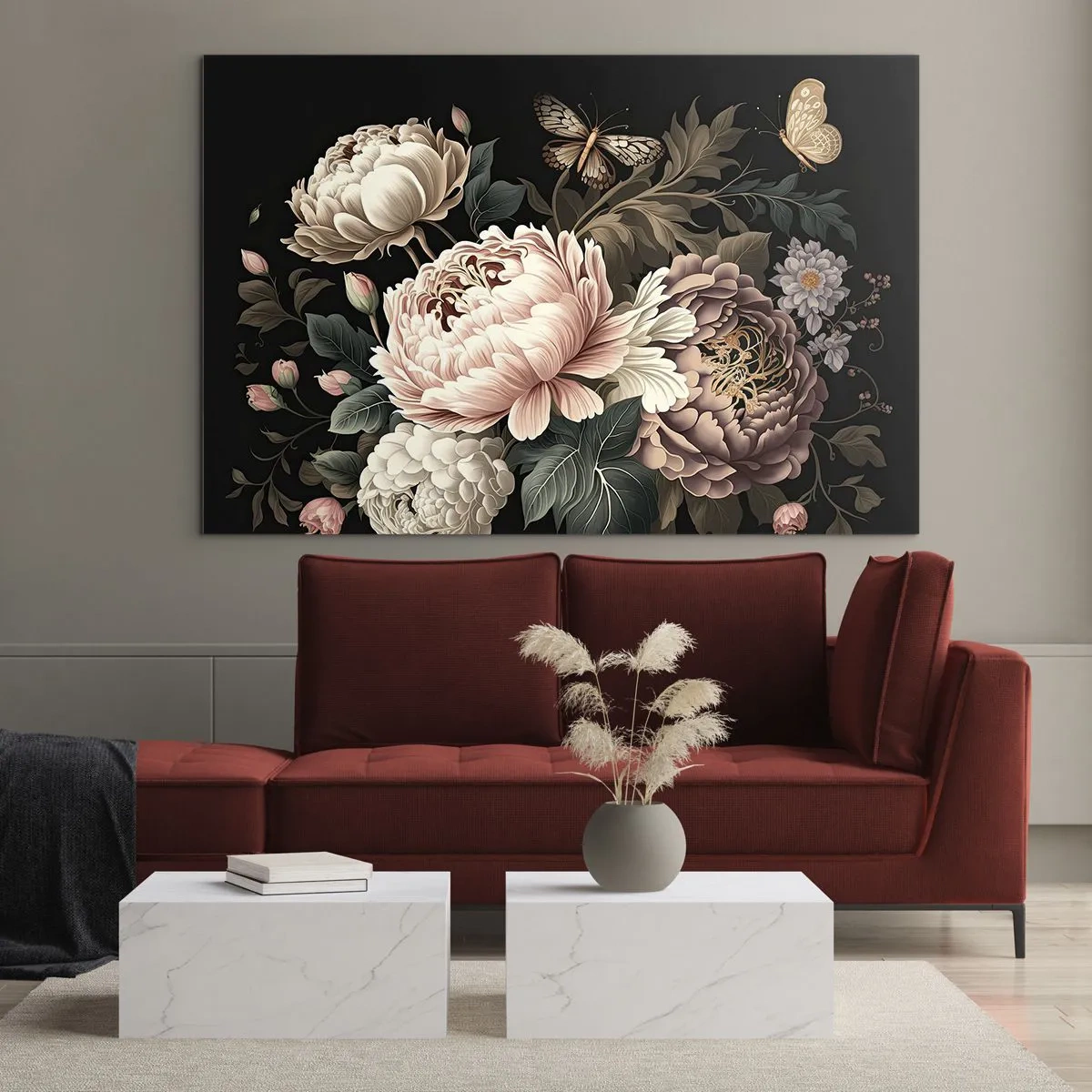 Tablou pe sticlă - Compoziție florală cu fluturi pe fundal negru - 70x50cm - În stil baroc - Decorațiune modernă pentru perete pentru living și dormitor ARTTOR