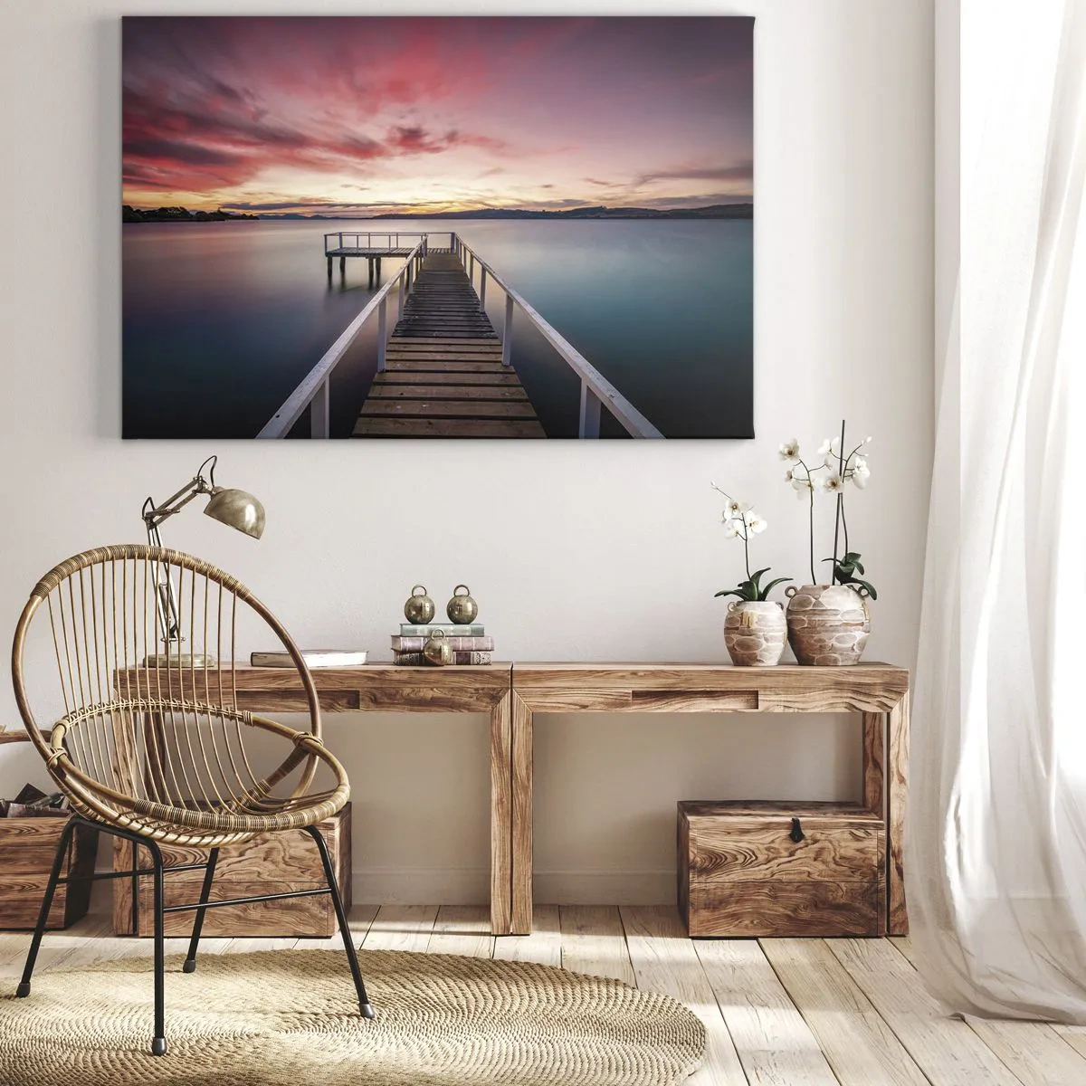 Tablou pe pânză Canvas - Un debarcader care duce spre un lac liniștit la apus - 70x50cm - Flacăra blândă a serii - Decorațiune modernă pentru perete pentru living și dormitor ARTTOR