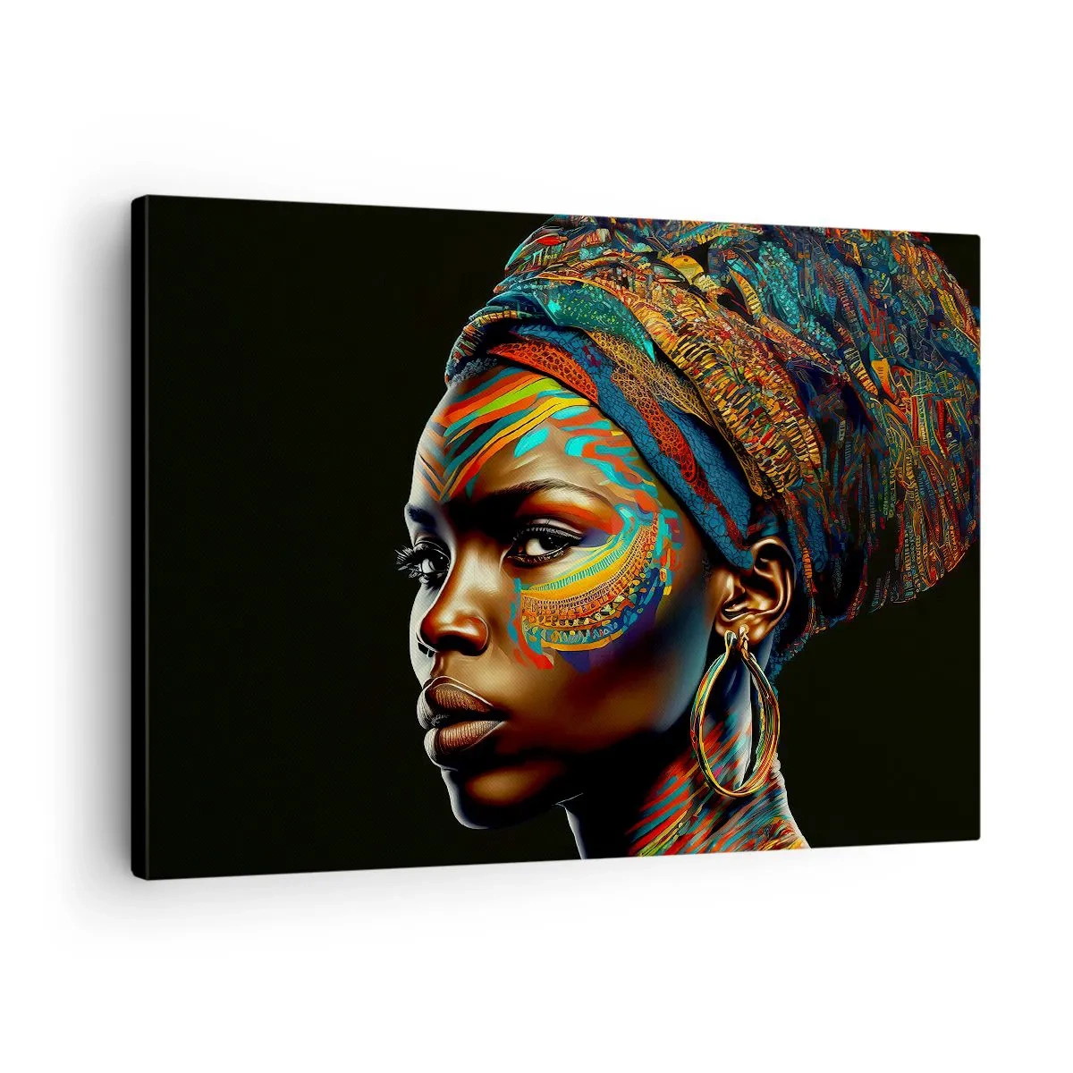Tablou pe pânză Canvas - Portretul unei femei cu un model colorat și un turban - 70x50cm - Regina africană - Decorațiune modernă pentru perete pentru living și dormitor ARTTOR