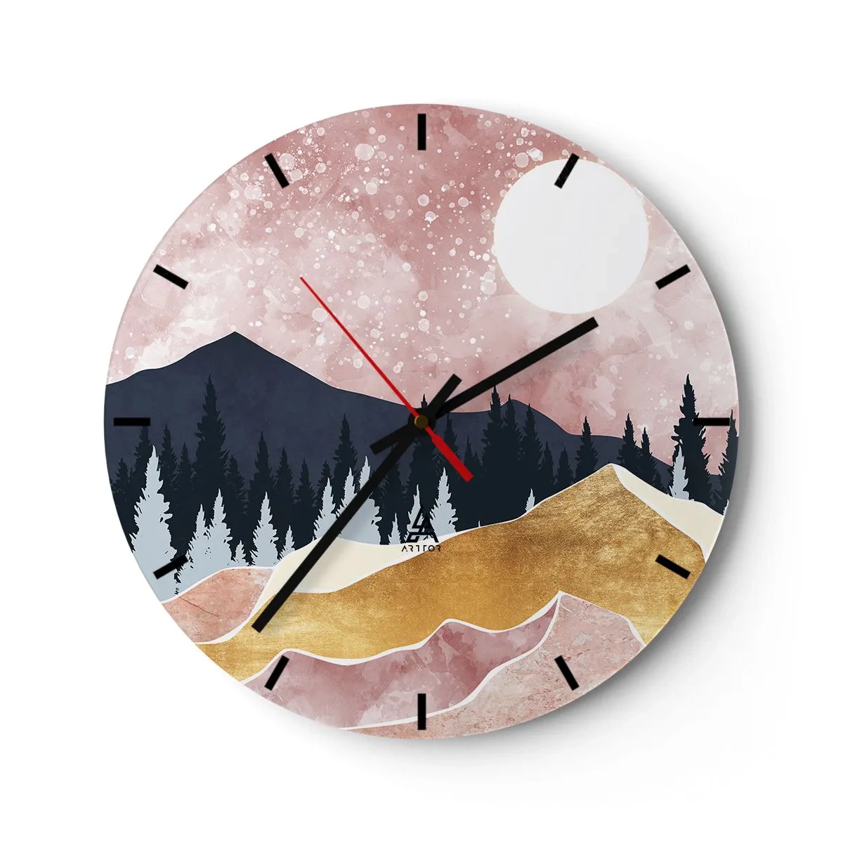 Ceas de perete - Ceas pe sticlă - Peisaj montan artistic în culori pastelate, cu o pădure și lună. - 30x30cm - Garda de noapte - Decorațiune modernă pentru perete pentru living, bucătărie și dormitor ARTTOR